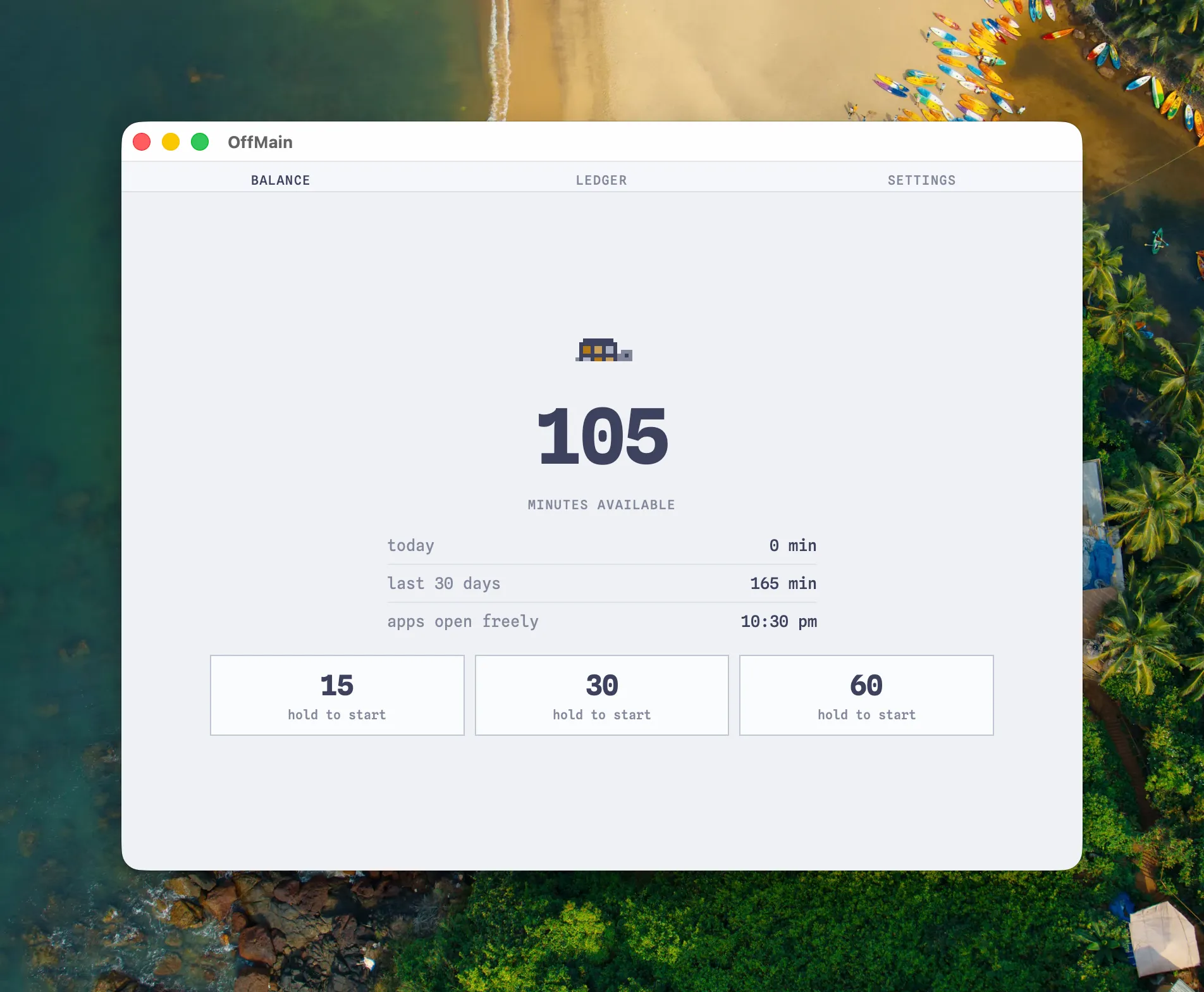 The OffMain macOS main window with balance, ledger, and settings tabs, the balance tab showing 105 minutes available and hold-to-start buttons