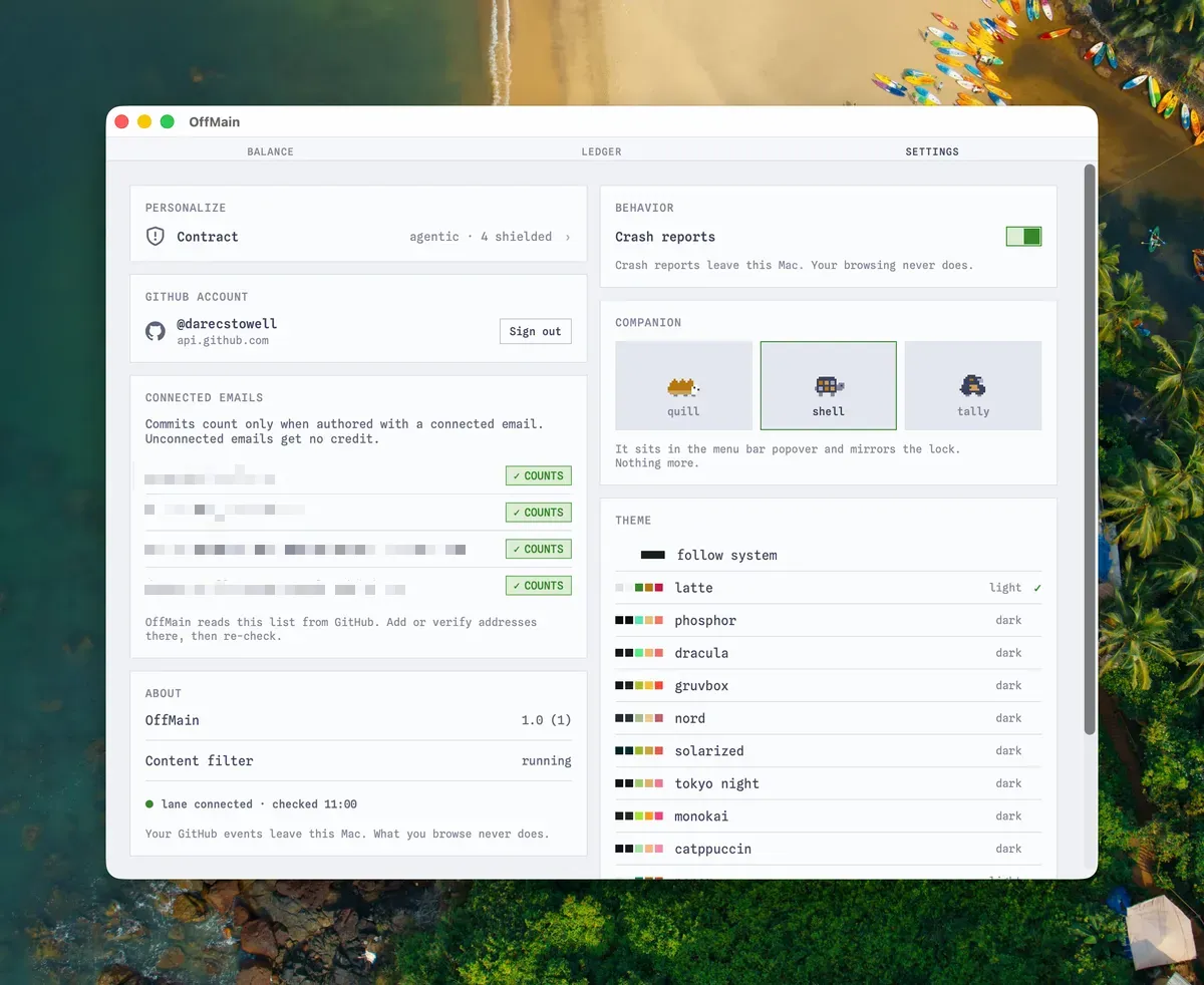 The OffMain macOS settings window showing the companion picker with the quill, shell, and tally characters alongside theme and crash-report controls