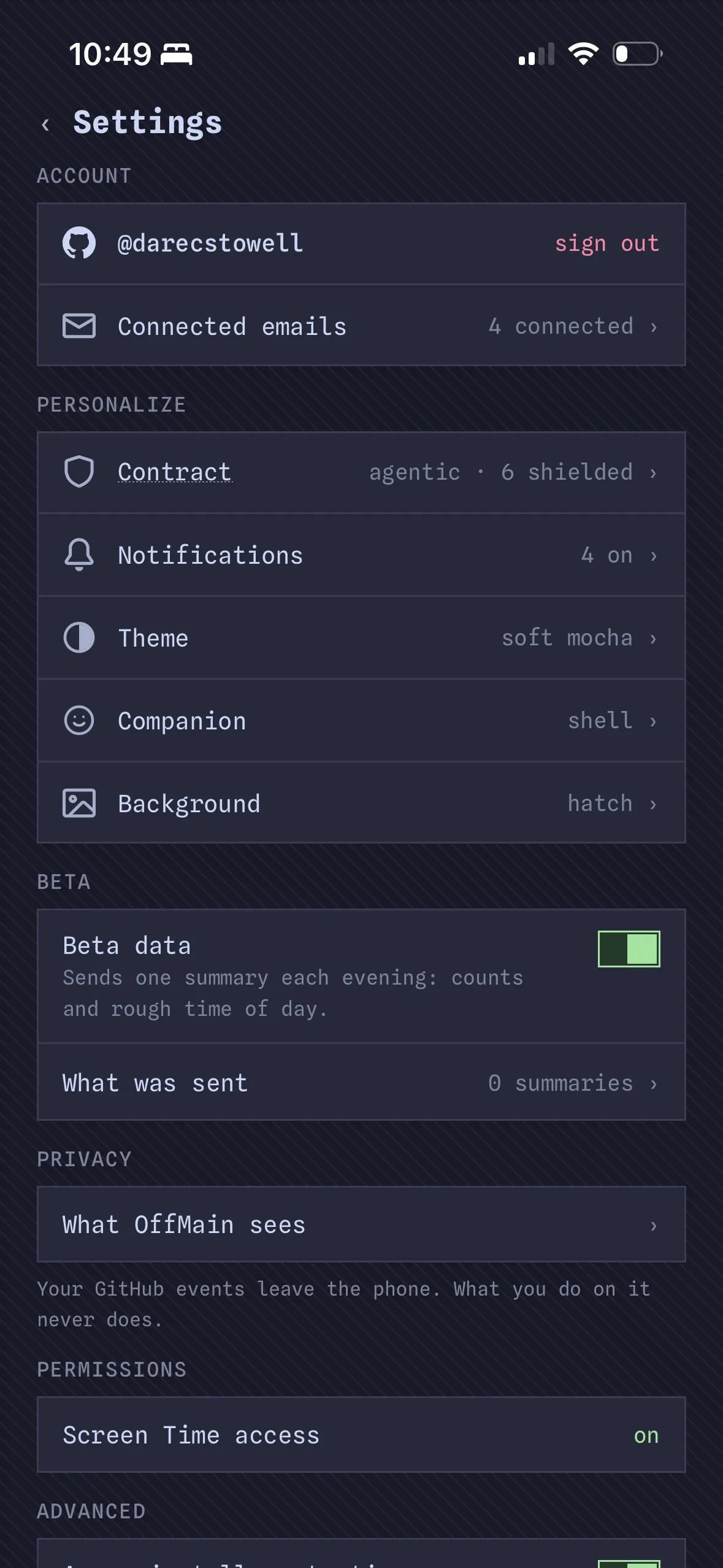 The iOS Settings screen on the soft mocha theme with the hatch background showing behind every section