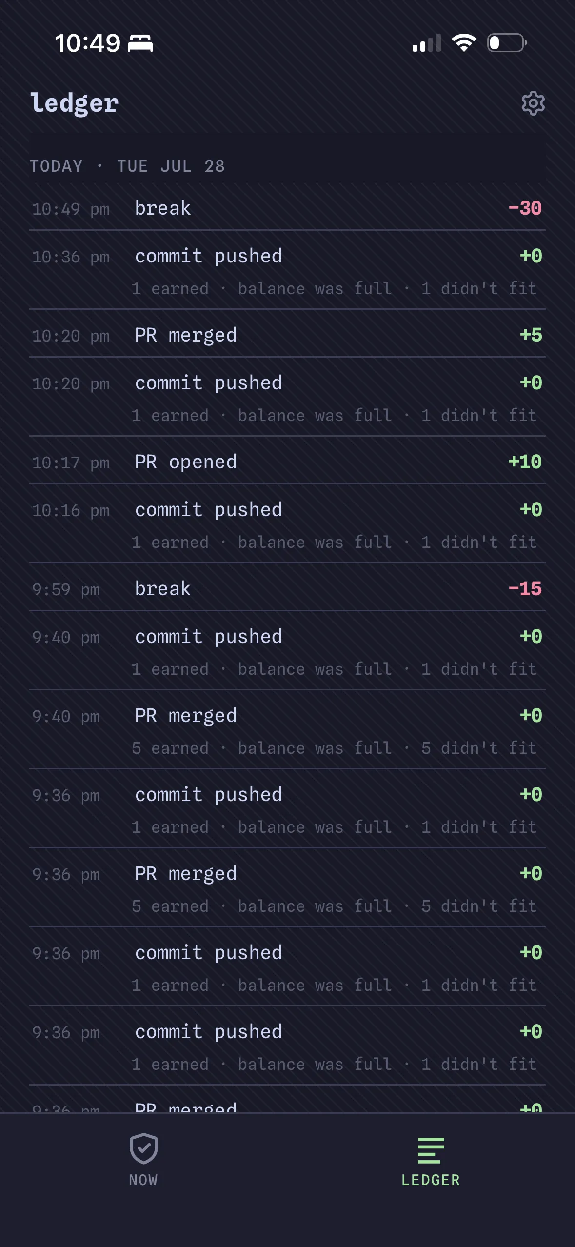 The iOS ledger listing a day of commits, PRs, and breaks with the minutes each earned or spent