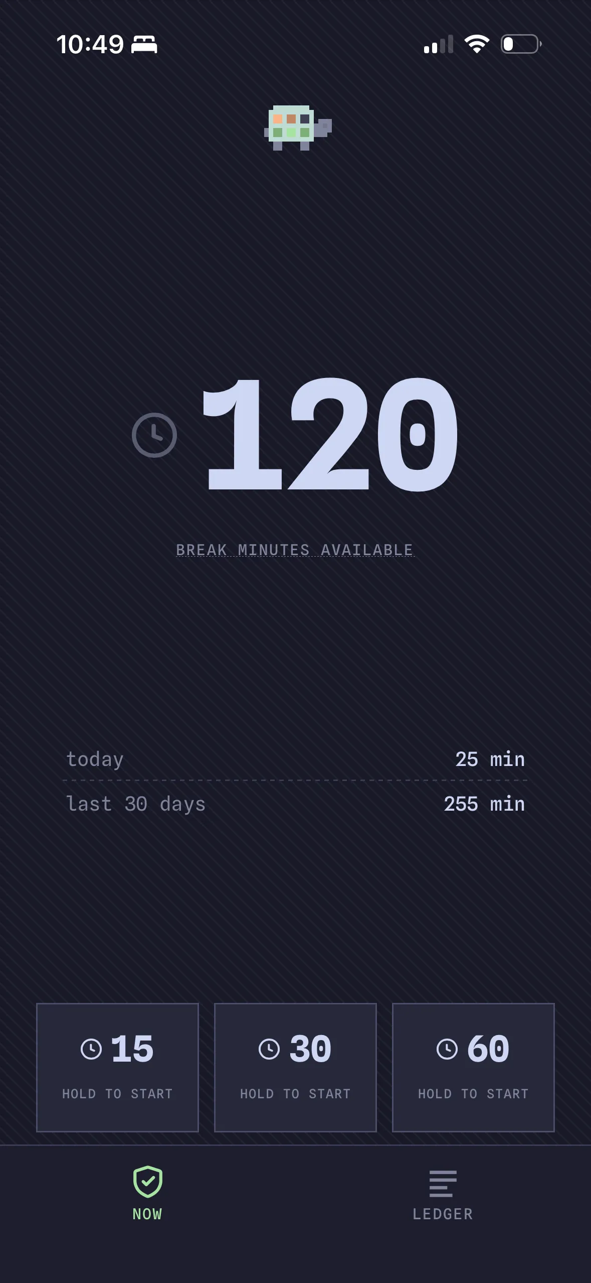The iOS Now screen showing a 120 minute break balance, today and last 30 days totals, and three hold-to-start break cards