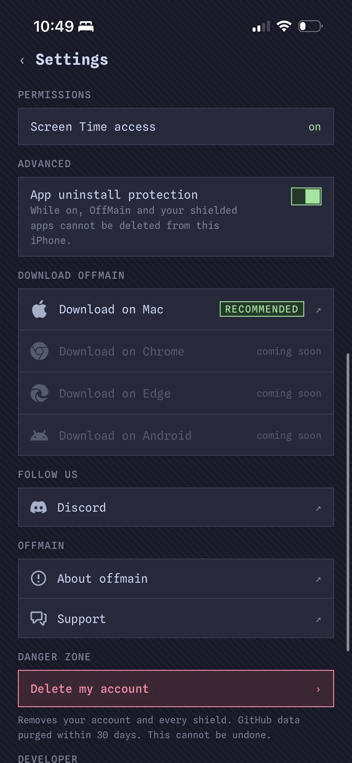 The iOS Settings screen with the app uninstall protection switch turned on