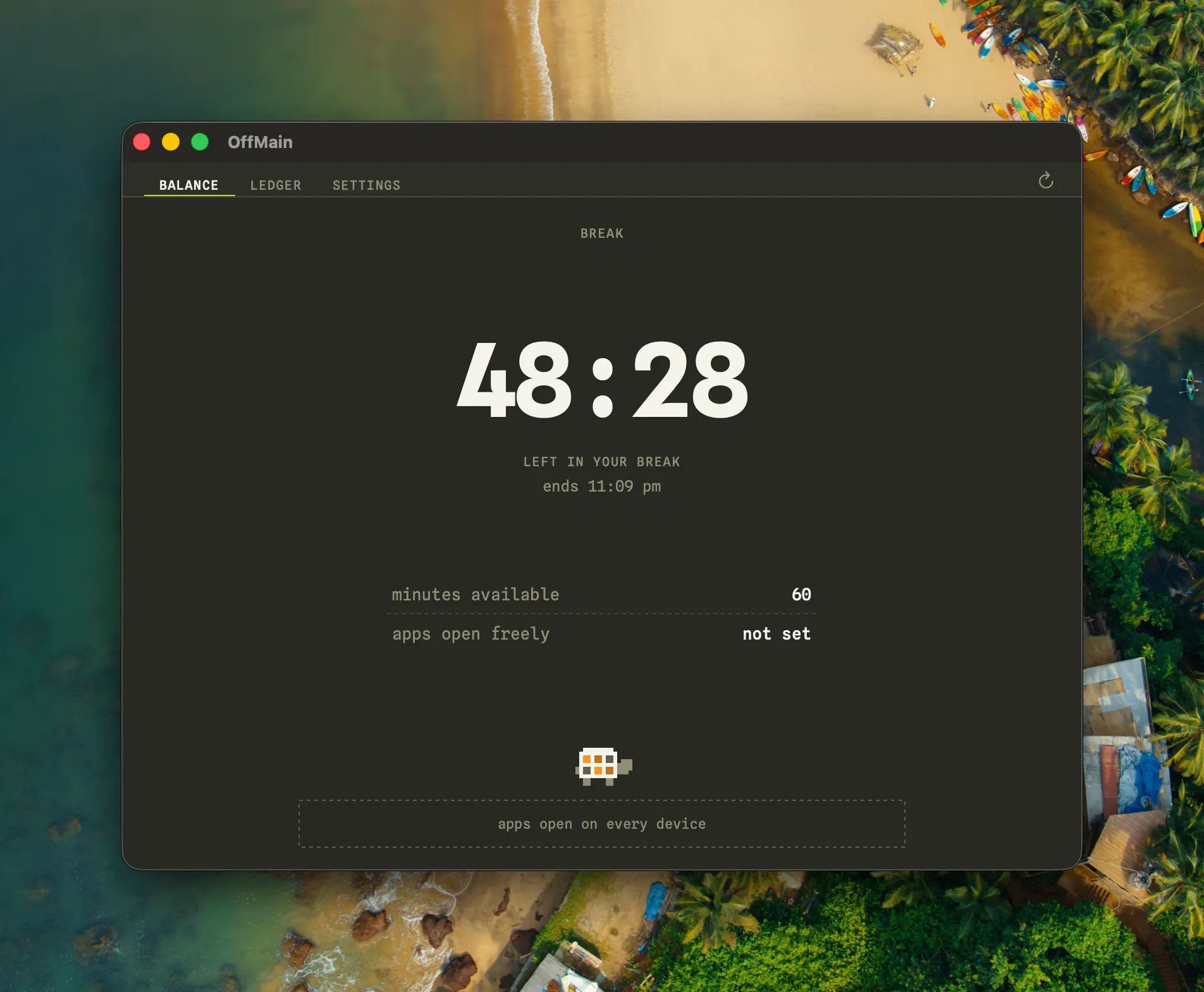 The OffMain Mac window on the balance tab, a break counting down 48:28 above the minutes available and apps open freely rows