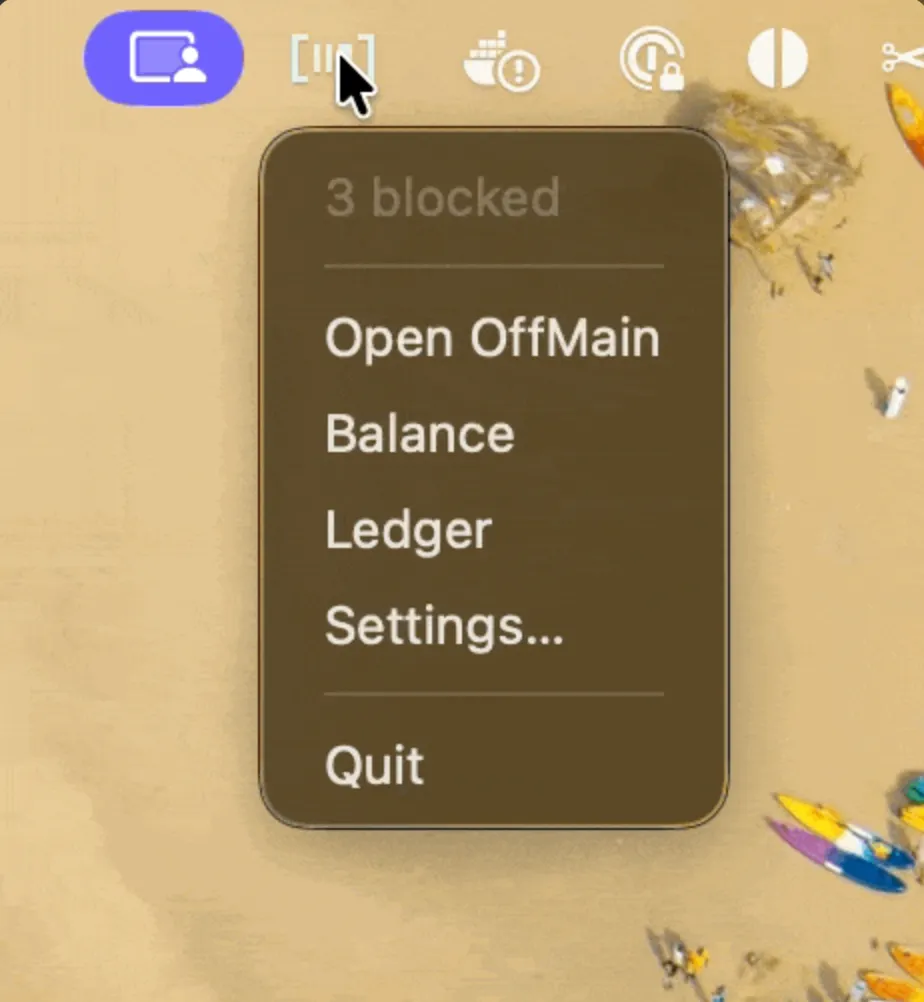The macOS menu-bar right-click menu open under the OffMain mark, reading 3 blocked above Open OffMain, Balance, Ledger, Settings, and Quit