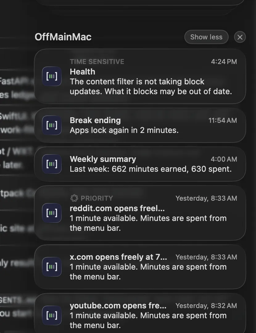 The macOS Notification Center with a Time Sensitive Health notification at the top reading The content filter is not taking block updates