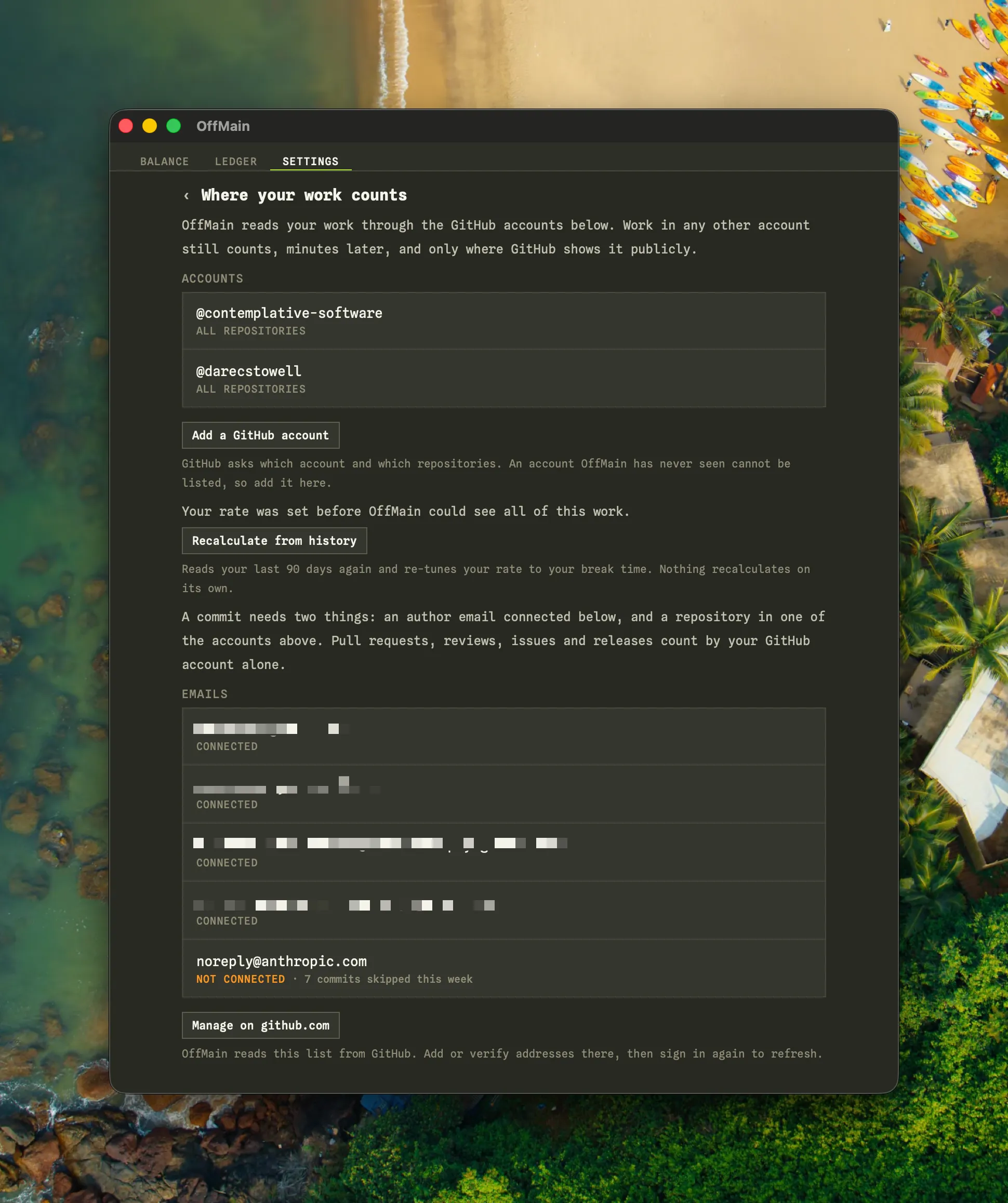 The macOS Where your work counts pane listing two GitHub accounts at all repositories, an add account button, and an emails list whose last address reads not connected with 7 commits skipped this week