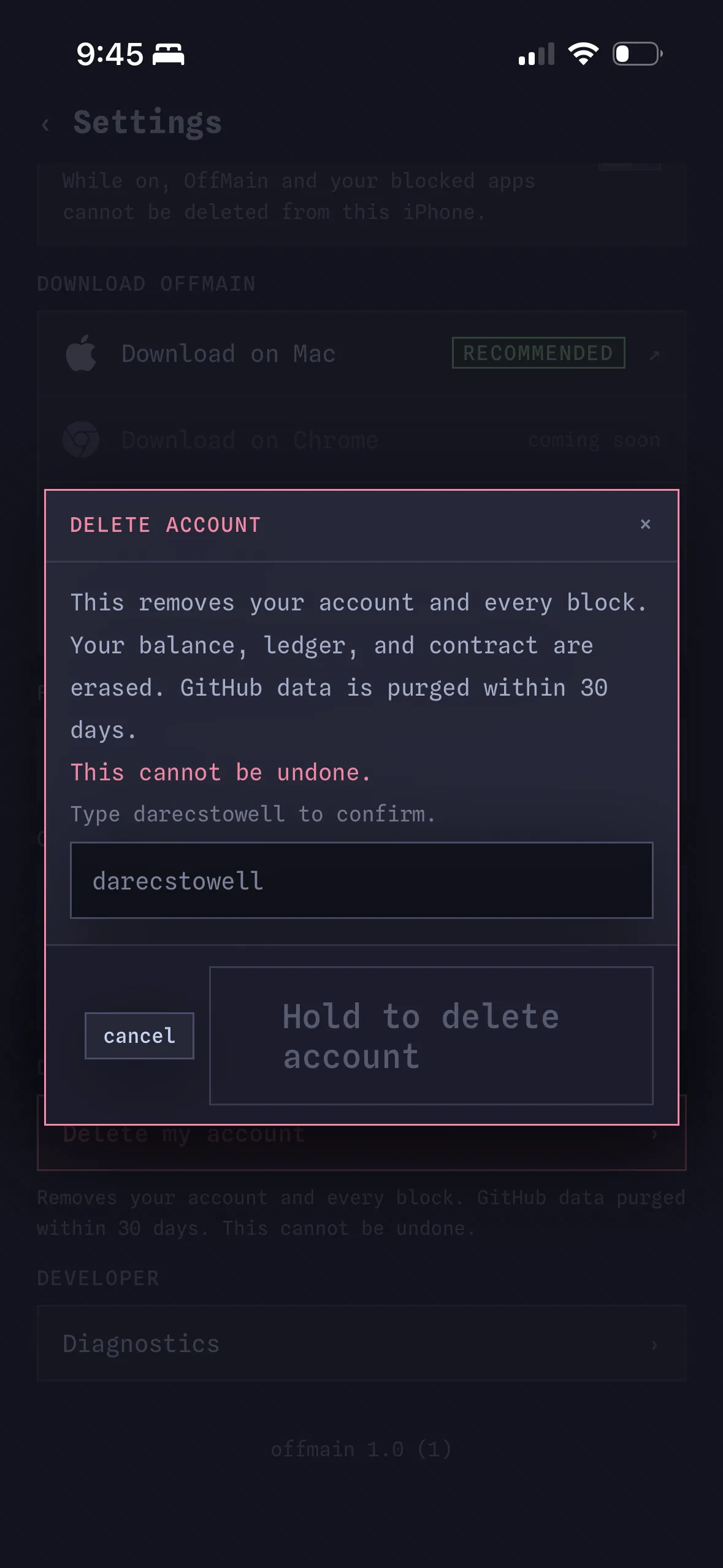 The iPhone delete account dialog naming what is erased, with the GitHub handle typed to confirm and a hold to delete account button