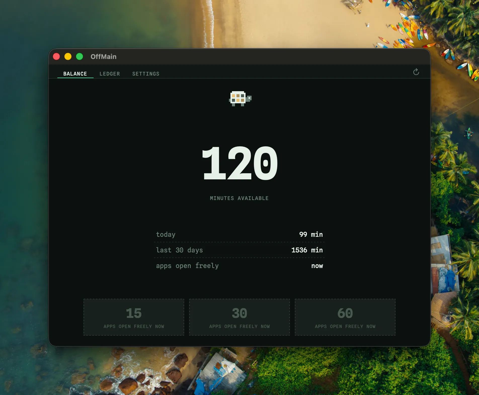 The Mac balance screen at 120 minutes with the 15, 30 and 60 minute options dimmed, each reading apps open freely now instead of a price