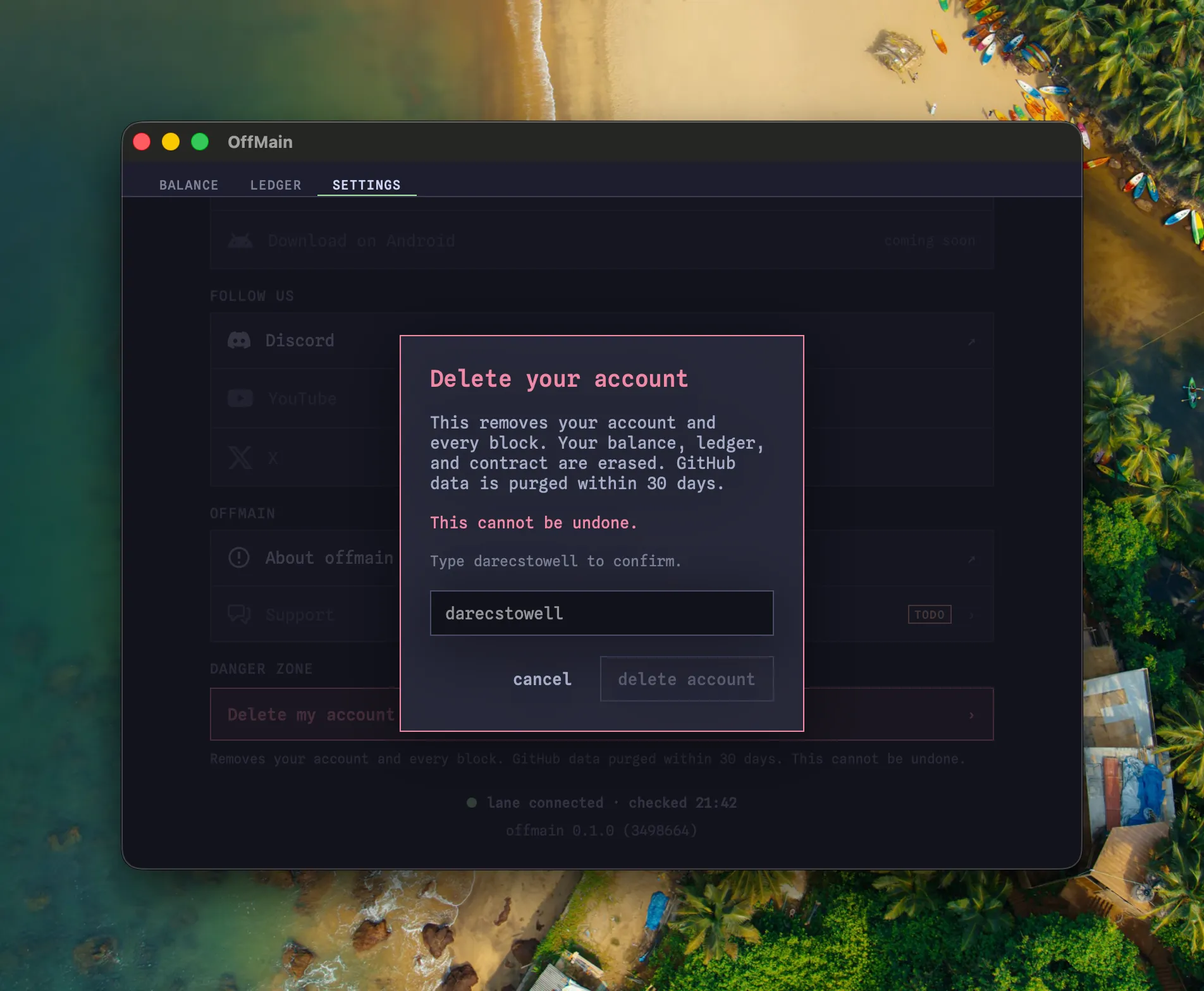 The OffMain Mac settings Danger Zone with a delete account dialog that asks for the GitHub handle to confirm