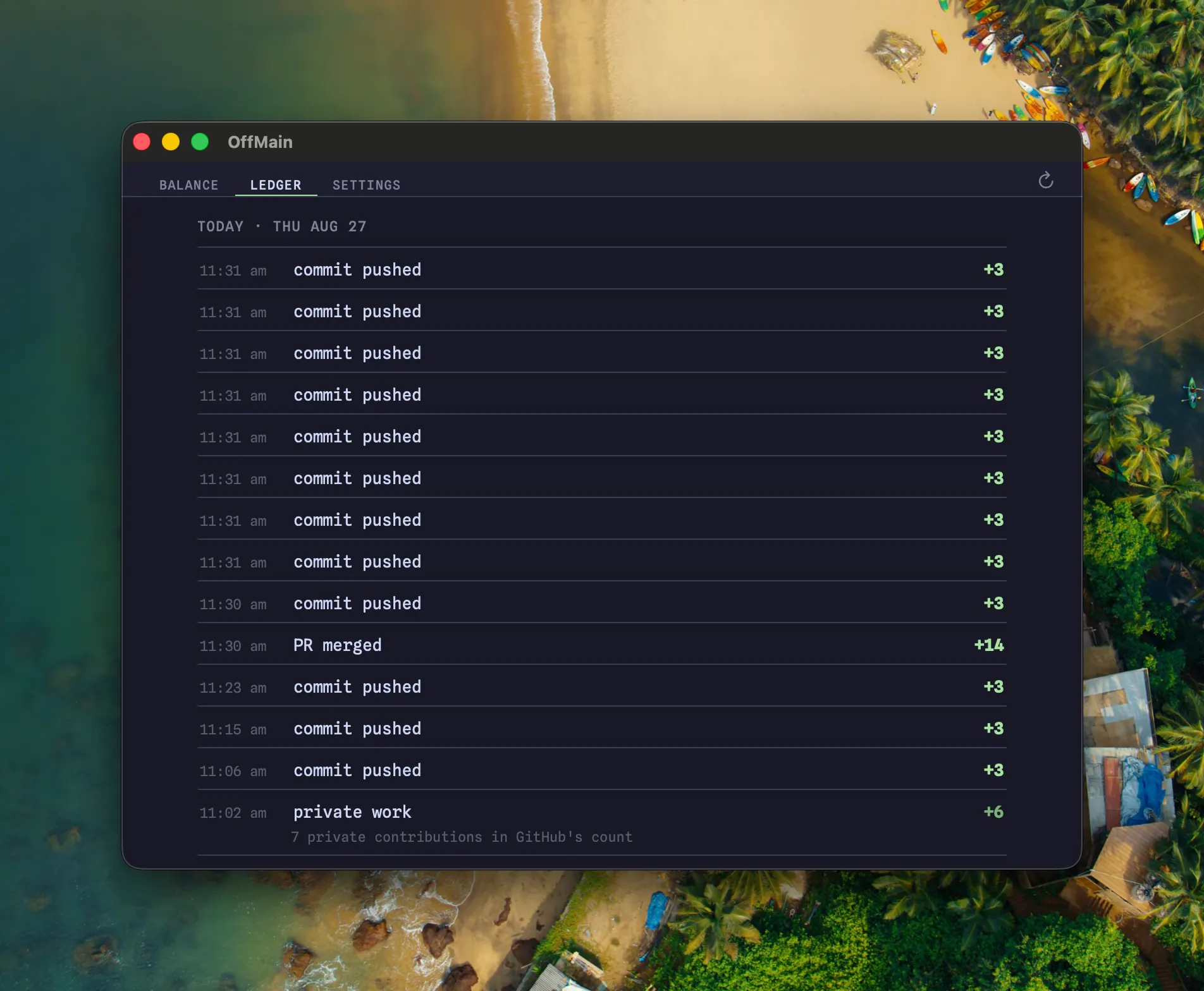 The OffMain Mac ledger showing commit pushed rows, a merged pull request, and a private work row paying 6 minutes for 7 private contributions